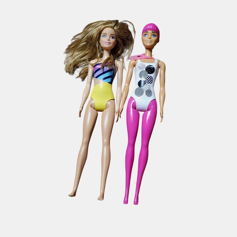 Lot of 2 Barbie Doll Water Play Swim Suit & Color Reveal Hot Pink Hair